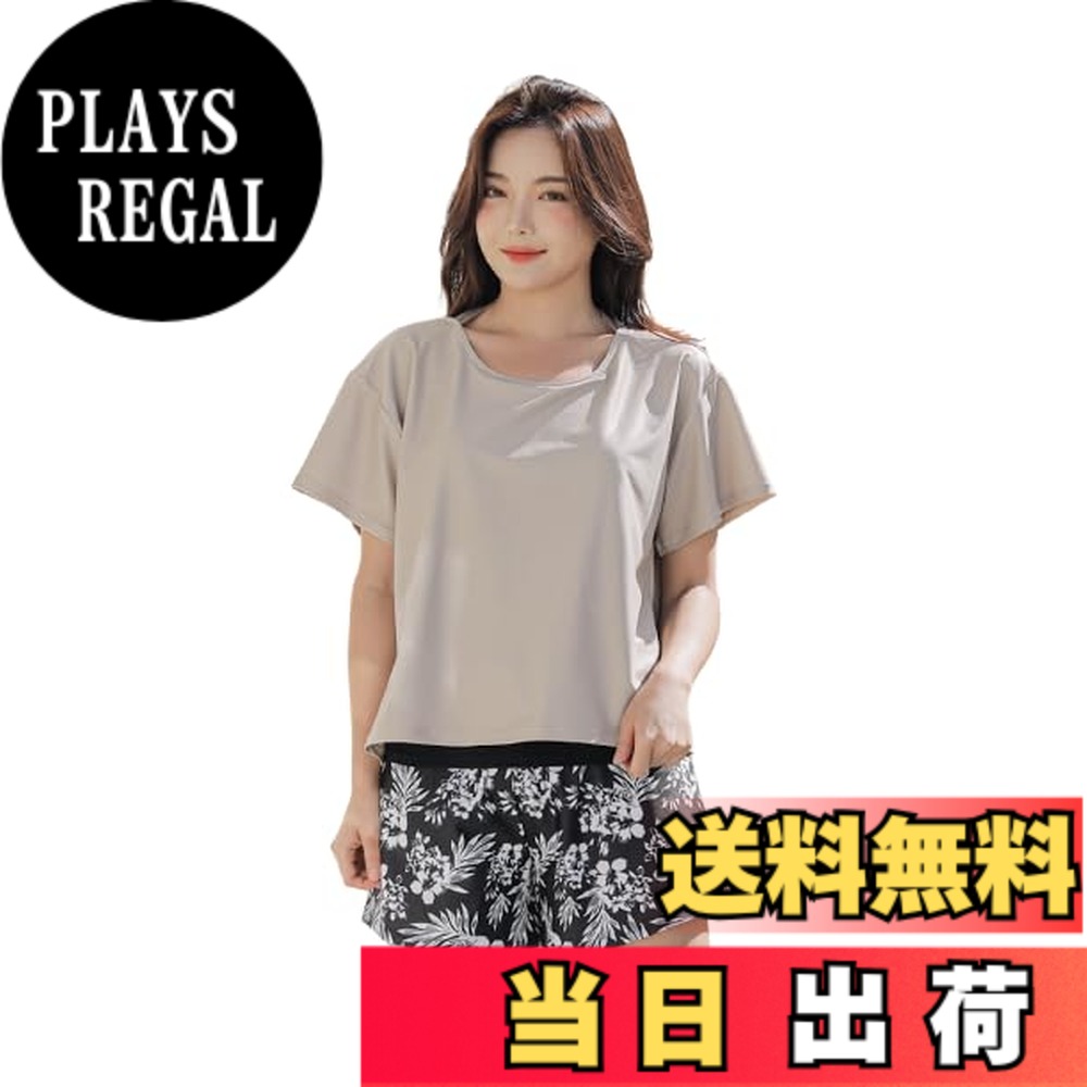 【送料無料】[growncharm] 水着 レディース 体型カバー タンキニ Tシャツ パッド付き 一体型 水着 【UPF50+ UVカット加工】【2点セット】[SLV31201] 色：E、サイズ：M