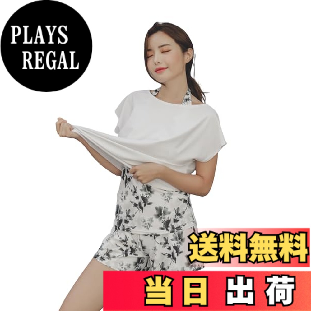 【送料無料】[growncharm] 水着 レディース 体型カバー タンキニ Tシャツ ショートパンツ【UPF50+ UVカット加工】【4点セット】[SW18B2-03] 色：モノトーンフロワー、サイズ：M