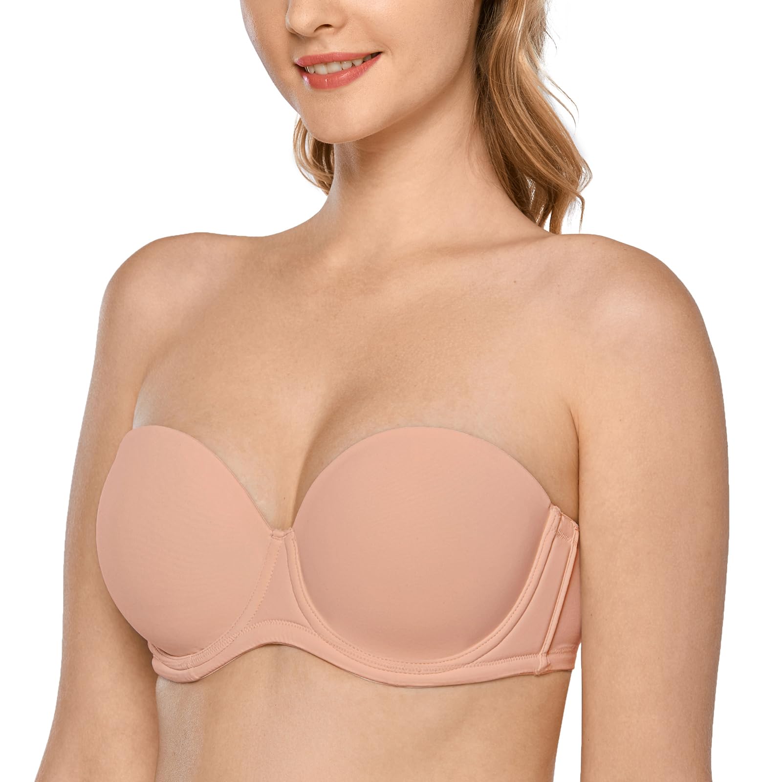 【送料無料】[DELIMIRA] ストラップレスブラジャー レディース ワイヤー入り モールドフルカップ 大きいサイズブラジャー ストラップレスブラ 色：ブラッシュベージュ、サイズ：E80