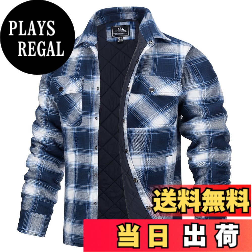 【送料無料】[TACVASEN] チェックシャツ メンズ 防風 保温 ジャケット 中綿 日常トップス コットン アウトドアウエア チェック柄 胸ポケット カジュアルシャツ 通勤 旅行 秋冬 色：ブルーホワイト、サイズ：L｜PLAYS REGAL