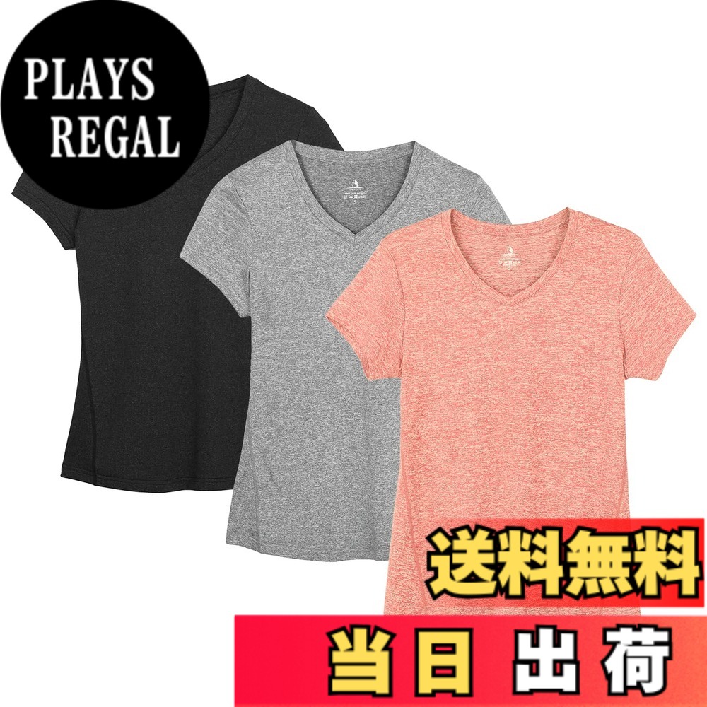 【送料無料】[icyzone] スポーツウェア レディース V ネック Tシャツ ヨガウェア 半袖 ランニングトップス 速乾 通気 カジュアル 大きいサイズ フィットネス アスレチック 3枚入 色：ブラック/グラナイト/ピーチ、サイズ：XL