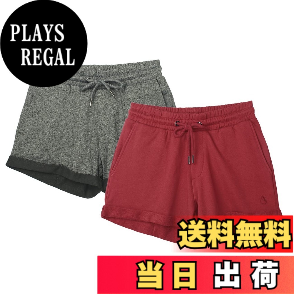 【送料無料】icyzone レディース ショートパンツ 短パン スウェットショーツ コットン 通気性 伸縮性 吸汗 アスレチック ランニング ジョギング ヨガ ルームウエア 2枚セット 色：チャコール/ワインレッド、サイズ：M