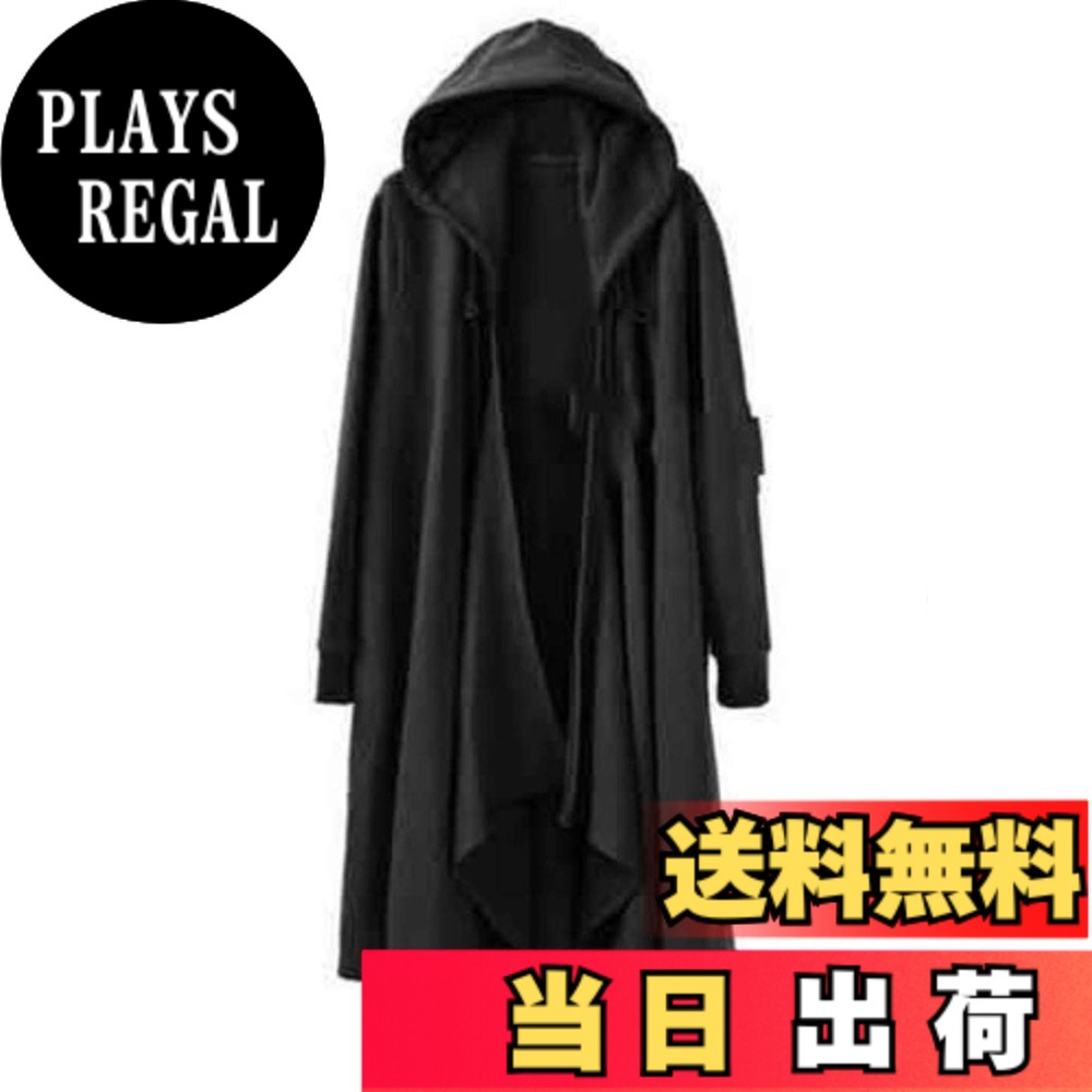 【送料無料】[MｅｎｇＦａｎ] メンズ カーディガン 羽織 カジュアル ロング丈コート 長袖 欧米風 マントコート 無地 キラー 個性 シンプル フード付き ファッション 学生 おしゃれ 春秋 パーカーこーと 色：ブラック、サイズ：L