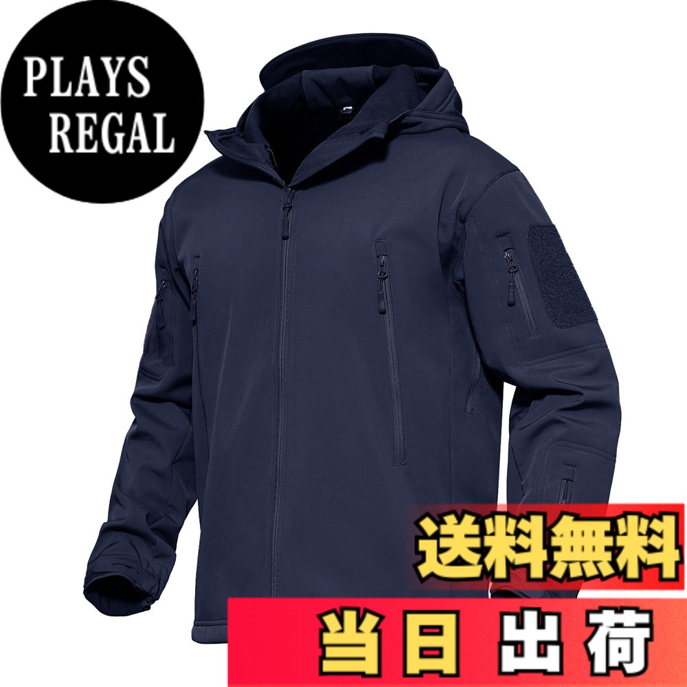 【送料無料】[MAGCOMSEN] タクティカルジャケット サバゲー メンズ アウトドア 登山アウター 防水防風 防寒着 裏フリース ソフトシェルジャケット ミリタリー フード付き 多ポケット イヤホンホール付き 春秋冬 色：ネイビー、サイズ：2XL