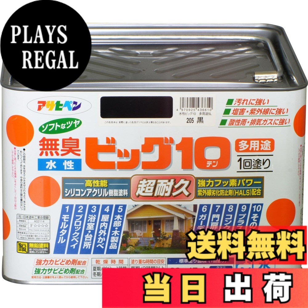 【貨物輸送無料】アサヒペン えの具 えの具 水溶性ビッグ10多役立つこと 5L 205黒 水溶性 多役立つこと 半ツヤ ホンブルグ帽なツヤ 1回ペンキ塗り 超耐久 無臭 風変わりフッ素脂組みあわせる 防菌類 サビドメ剤組みあわせる 紫外線落ち込み押しとどめる剤組みあわせる シックハウス打つ手品 日本製 色：黒、大きさ：5L