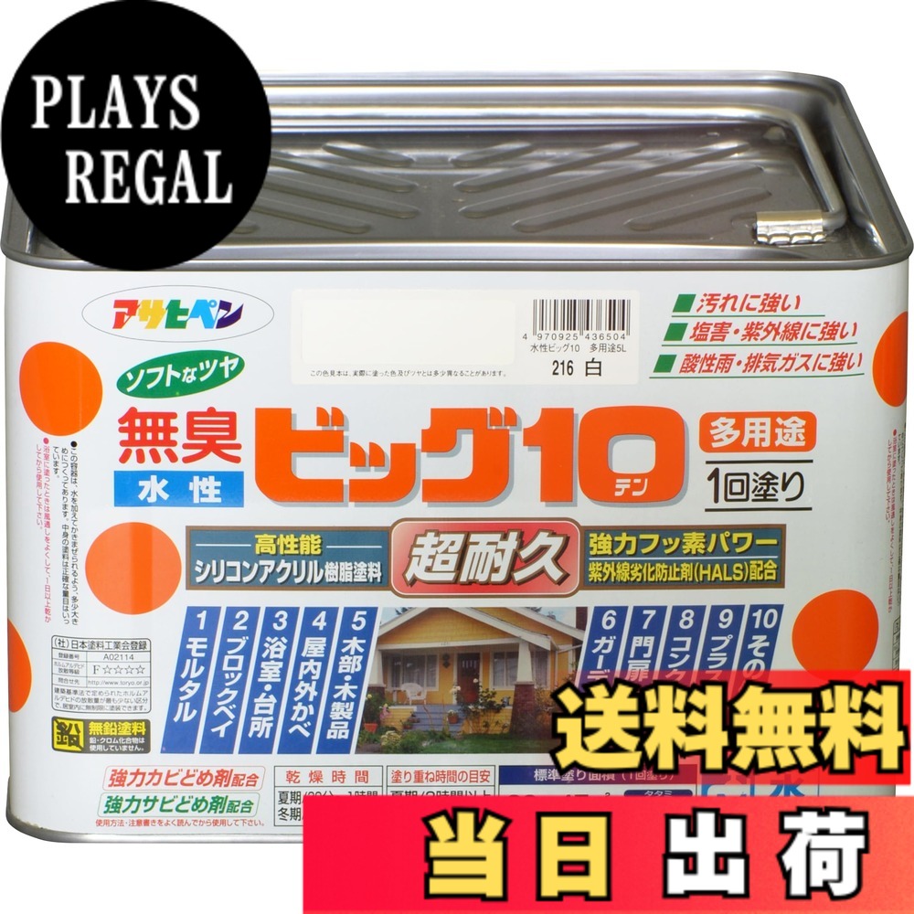 【貨物輸送無料】アサヒペン 絵の具 絵の具 水溶性ビッグ10多役立つこと 5L 216白 水溶性 多役立つこと 半ツヤ ホンブルグ帽なツヤ 1回ペンキ塗り 超耐久 無臭 風変わりフッ素脂練り合わせる 防真菌 サビドメ剤練り合わせる 紫外線落ち込み押しとどめる剤練り合わせる シックハウス打つ手品 日本製 色：白、大きさ：5L
