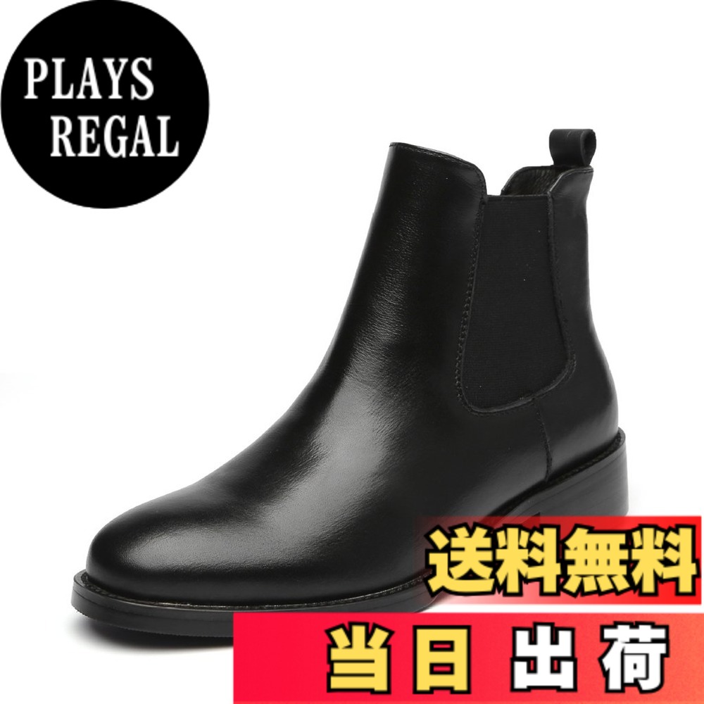 【貨物輸送無料】[Placck] 本革 レディースショートブーツ 黒 チェルシーブーツ 気が大きい大きさ 雨合羽 色：黒いこと 裹起毛、大きさ：22.5 糎