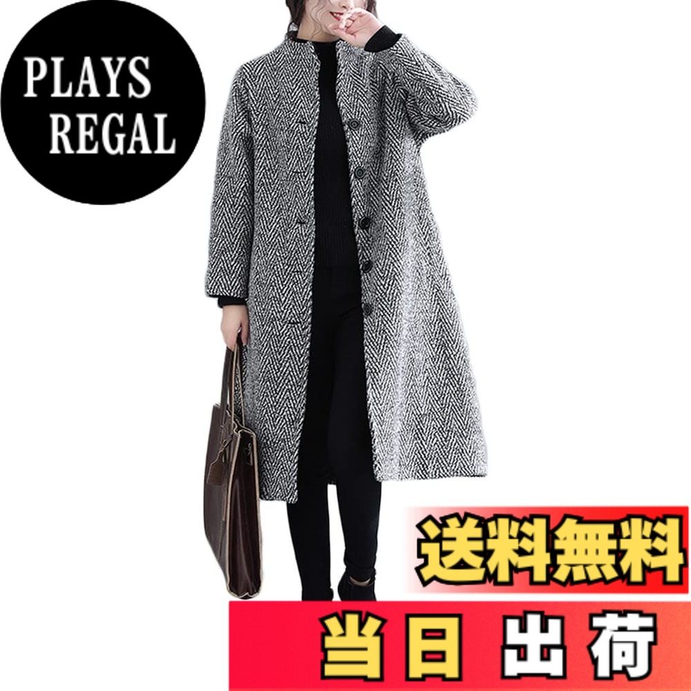 【送料無料】[Vilaria] チェスターコート レディース グレンチェック コート ロングコート 冬 大きいサイズ 千鳥柄 防風 防寒 着痩せ 秋 おしゃれ ゆったり 色：グレー、サイズ：XL｜PLAYS REGAL
