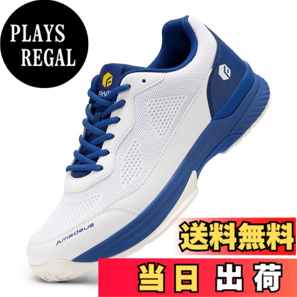 【送料無料】[FitVille] テニスシューズ メンズ 幅広 2E 4E 軽量 オムニクレーコート ソフトテニス シューズ 高いグリップ力 高機能 通気性 甲高 ブラック ホワイト 色：JP-ブルー、サイズ：27.0 cm M｜PLAYS REGAL