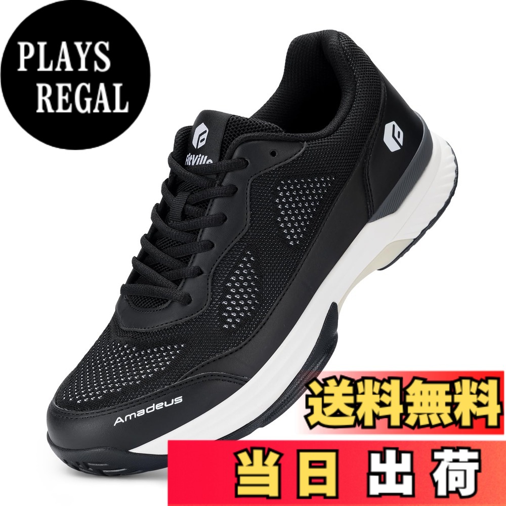 【送料無料】[FitVille] テニスシューズ メンズ 幅広 2E 4E 軽量 オムニクレーコート ソフトテニス シューズ 高いグリップ力 高機能 通気性 甲高 ブラック ホワイト 色：JP-ブラック、サイズ：26.5 cm 4E｜PLAYS REGAL