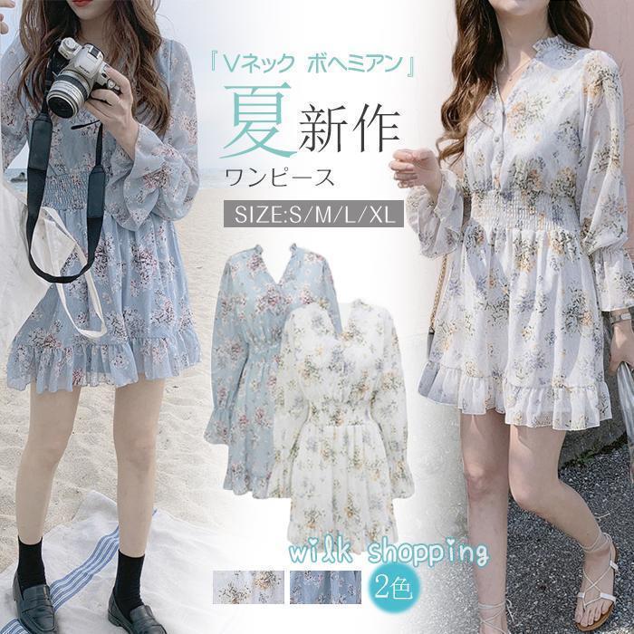 楽天市場】シフォンワンピース 花柄ワンピース ミニワンピ 長袖