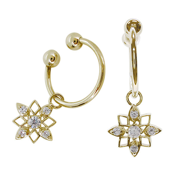 フープピアス 18k ノンホールピアス 揺れる 星 イヤリング ダイヤモンド
