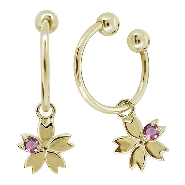 フープイヤリング k18 ノンホールピアス 桜の花 さくらモチーフ ピンクトルマリン シンプル イヤーカフ レディース 18k イエロー ピンク 母の日 2026｜PLEJOUR 誕生石ジュエリー専門店
