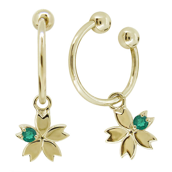 フープイヤリング k18 ノンホールピアス 桜の花 さくらモチーフ エメラルド シンプル イヤーカフ レディース 18k イエロー ピンク 母の日 2026｜PLEJOUR 誕生石ジュエリー専門店
