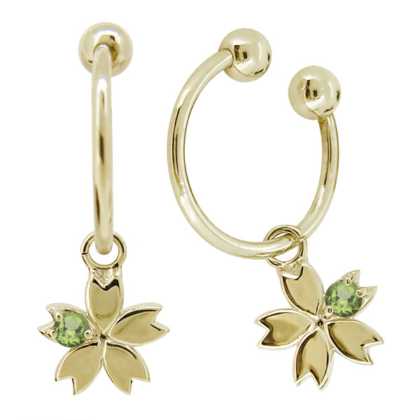 フープイヤリング k18 ノンホールピアス 桜の花 さくらモチーフ ペリドット シンプル イヤーカフ レディース 18k イエロー ピンク 母の日 2026