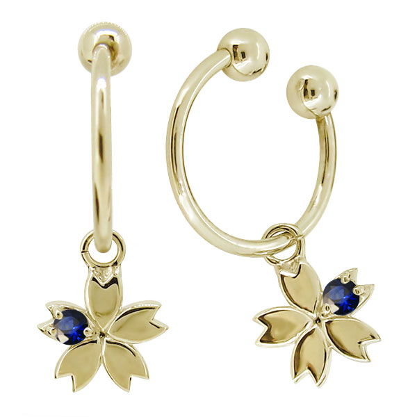 フープイヤリング k18 ノンホールピアス 桜の花 さくらモチーフ サファイア シンプル イヤーカフ レディース 18k イエロー ピンク 母の日 2026
