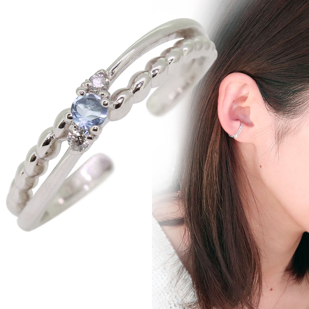ノンホールピアス イヤーカフ レディース 片耳 イヤーカフス プラチナ アクアマリンサンタマリア