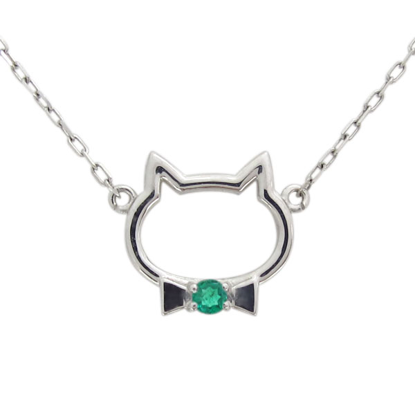 プラチナ エメラルド ネックレス キャット 猫 ペンダント