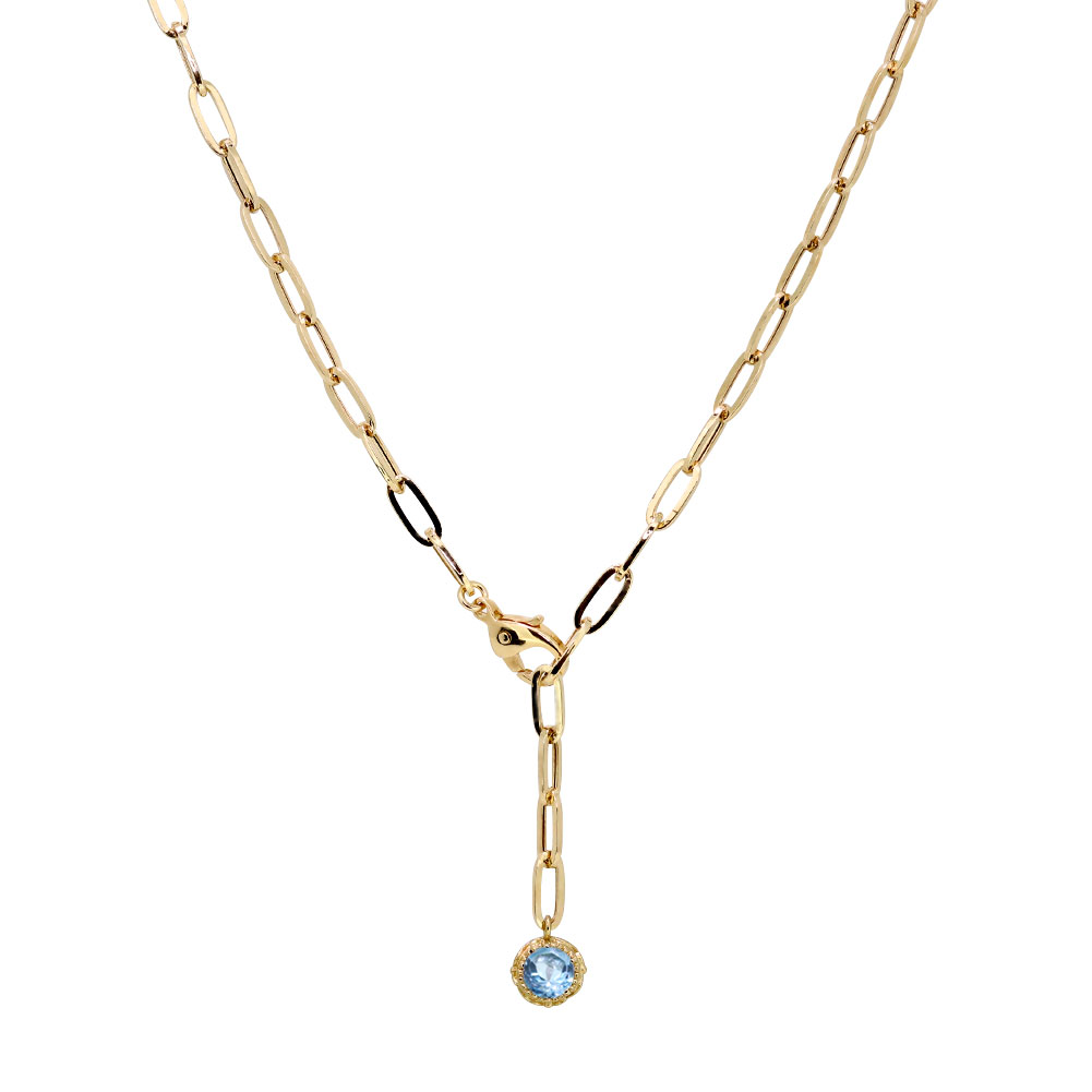ネックレス チェーン 18金 Y字 ペーパークリップ 中空 ロングチェーン 18k ゴールド レディース ブルートパーズ 一粒ジュエリー ラリエットネックレス シンプル 幅2.7mm