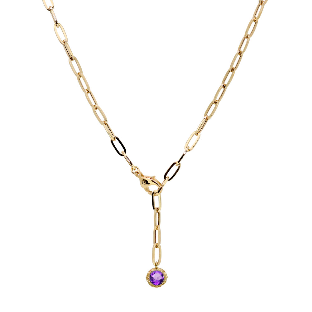 ネックレス チェーン 18金 Y字 ペーパークリップ 中空 ロングチェーン 18k ゴールド レディース アメジスト 一粒ジュエリー ラリエットネックレス シンプル 幅2.7mm