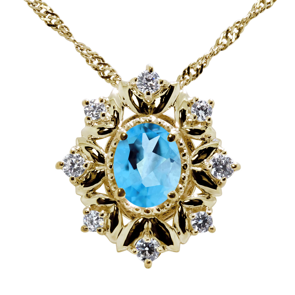 10金 フラワー ネックレス K10 ブルートパーズ ペンダント 花 誕生石 11月 オーバル フラワーモチーフ ジュエリー 雪の結晶 女性 上品 大人 エレガント おしゃれ プレゼント 誕生日 彼女 妻 母 ギフト|PLEJOUR 誕生石ジュエリー専門店