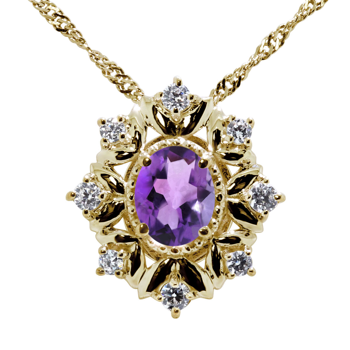 10金 フラワー ネックレス K10 アメジスト ペンダント 花 誕生石 2月 オーバル フラワーモチーフ ジュエリー 雪の結晶 女性 上品 大人 エレガント おしゃれ プレゼント 誕生日 彼女 妻 母 ギフト｜PLEJOUR 誕生石ジュエリー専門店