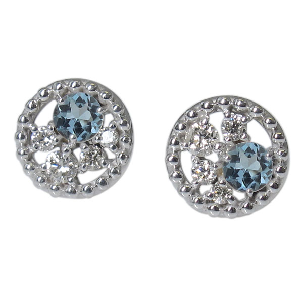 ミル打ち・ピアス・アクアマリンサンタマリア・K18・一粒