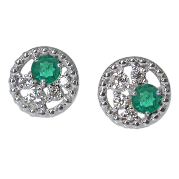 ミル打ち・一粒・エメラルド・ピアス・K10