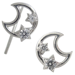 月 星 ダイヤモンド ピアス 10金 キャッチ不要