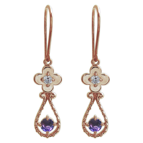 18金 フラワーピアス アメジスト 花 フックピアス ミル打ち|PLEJOUR 誕生石ジュエリー専門店