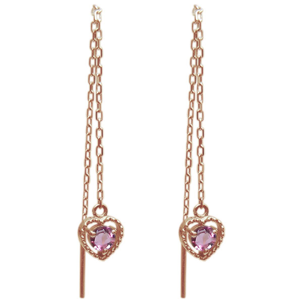 ピンクトルマリン ピアス ハート ロングピアス ミル打ち 10金ピアス