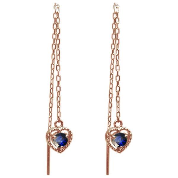 サファイア ピアス ハート ロングピアス ミル打ち 10金ピアス