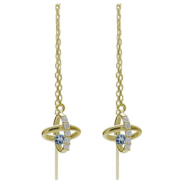 宇宙 ピアス アクアマリンサンタマリア 一粒 ロングピアス 10金
