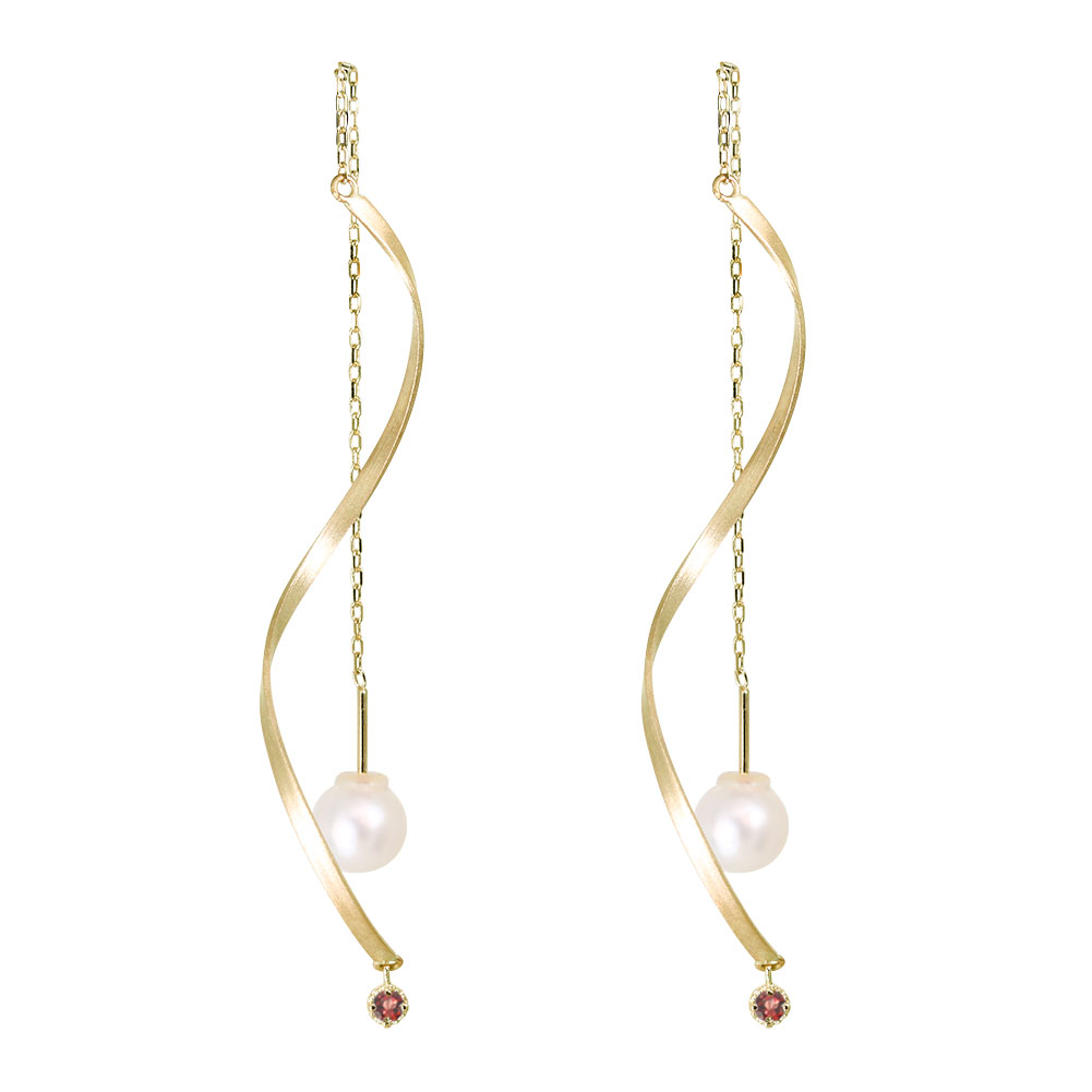 ロングチェーン ピアス 18金 レディース ガーネット 揺れる ウェーブ バー 18k チェーン アメリカンピアス パール おしゃれ アクセサリー 自分用｜PLEJOUR 誕生石ジュエリー専門店