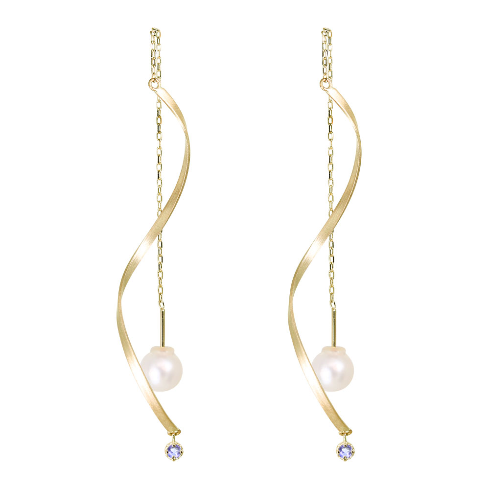 ロングチェーン ピアス 18金 レディース タンザナイト 揺れる ウェーブ バー 18k チェーン アメリカンピアス パール おしゃれ アクセサリー 自分用｜PLEJOUR 誕生石ジュエリー専門店