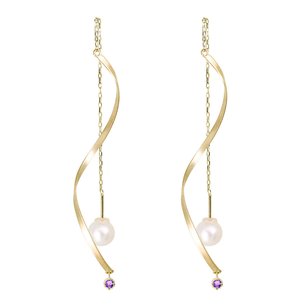 ロングチェーン ピアス 18金 レディース アメジスト 揺れる ウェーブ バー 18k チェーン アメリカンピアス パール おしゃれ アクセサリー 自分用｜PLEJOUR 誕生石ジュエリー専門店