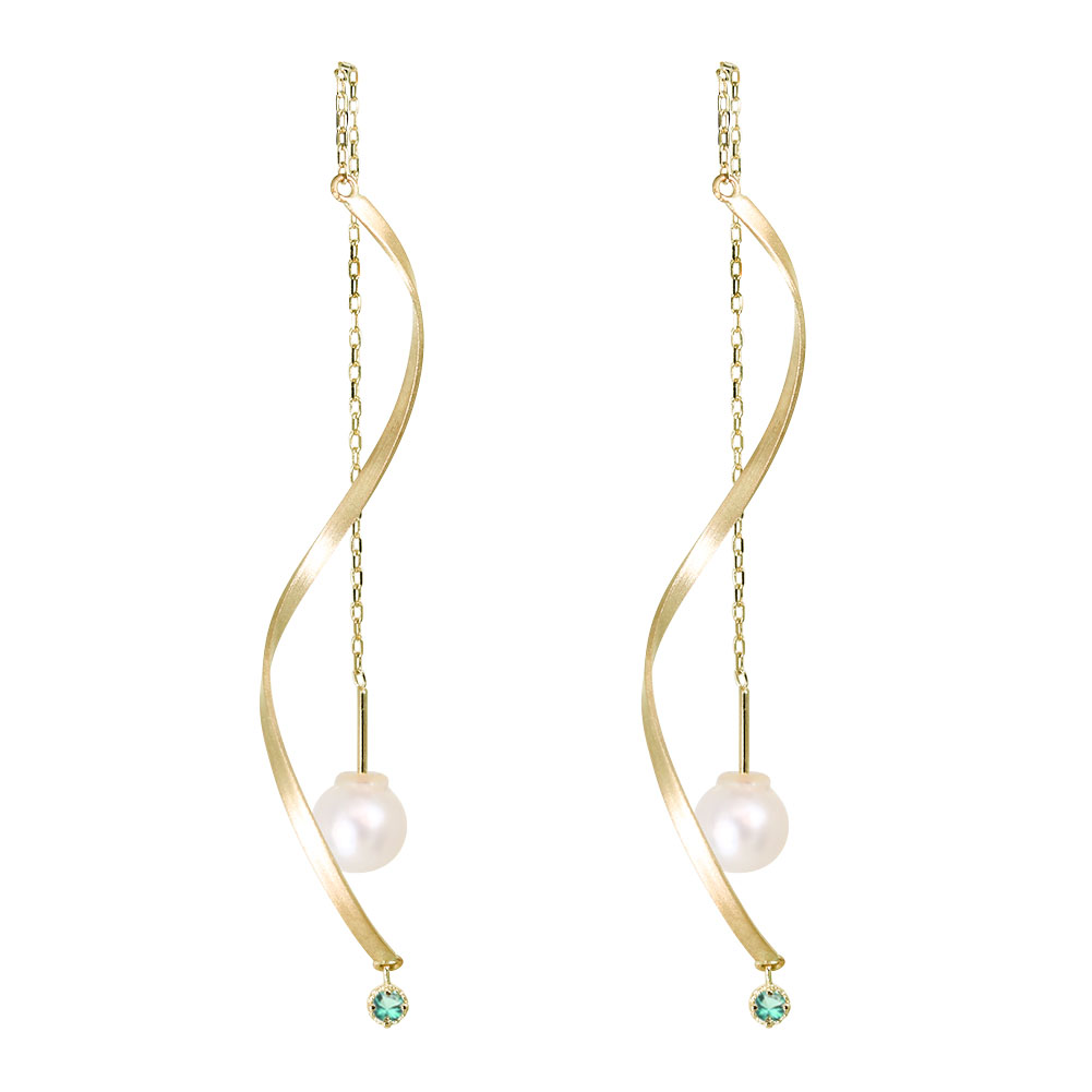 ロングチェーン ピアス 18金 レディース エメラルド 揺れる ウェーブ バー 18k チェーン アメリカンピアス パール おしゃれ アクセサリー 自分用