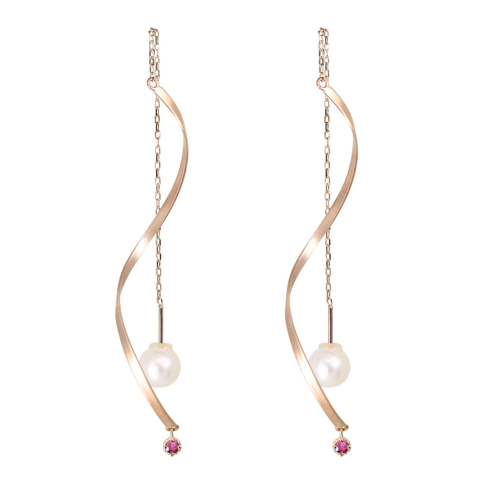 18金 ロングピアス レディース 誕生石 選べる 揺れる アメリカンピアス パールキャッチ ウェーブ バー 18K 上品 華やか パーティー ジュエリー｜PLEJOUR 誕生石ジュエリー専門店