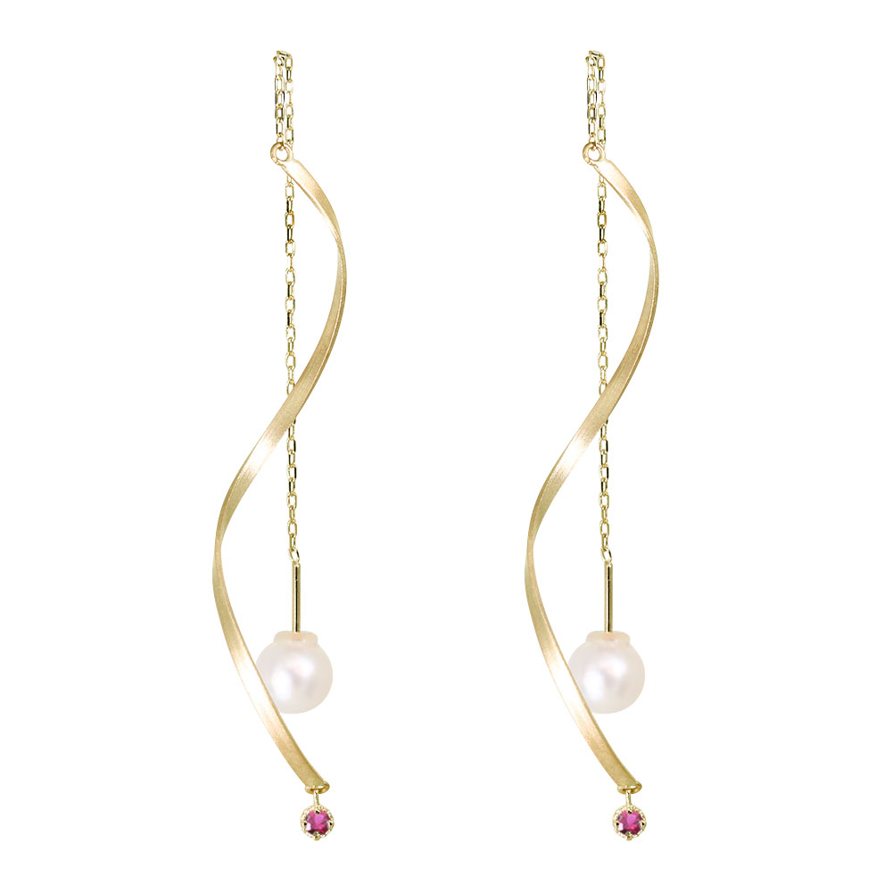 ロングチェーン ピアス 18金 レディース ルビー 揺れる ウェーブ バー 18k チェーン アメリカンピアス パール おしゃれ アクセサリー 自分用｜PLEJOUR 誕生石ジュエリー専門店