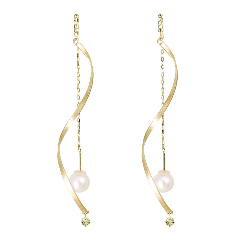 ロングチェーン ピアス 18金 レディース ペリドット 揺れる ウェーブ バー 18k チェーン アメリカンピアス パール おしゃれ アクセサリー 自分用｜PLEJOUR 誕生石ジュエリー専門店