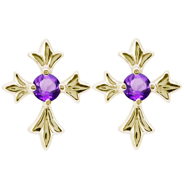 クロス ピアス 18k メンズ 十字架 アメジスト 誕生石 2月 スタッドピアス 父の日 2026