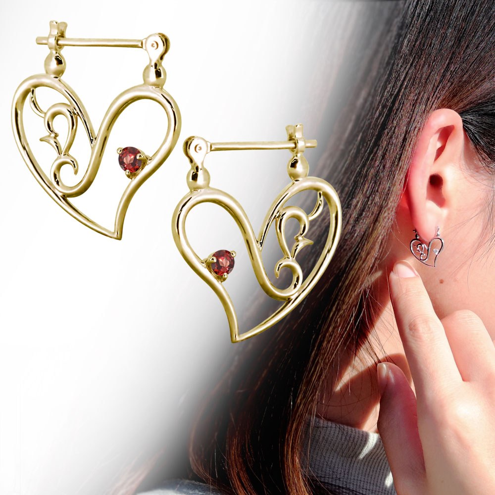 フープピアス 18k ブランド レディース ピアス ハート クロッシングピアス ガーネット 両耳 セット|PLEJOUR 誕生石ジュエリー専門店