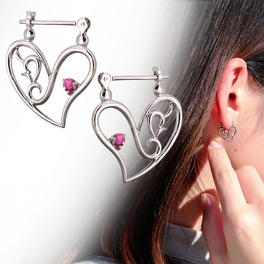 ピアス フープ レディース ハート フープピアス クロッシングピアス ルビーピアス プラチナ｜PLEJOUR 誕生石ジュエリー専門店