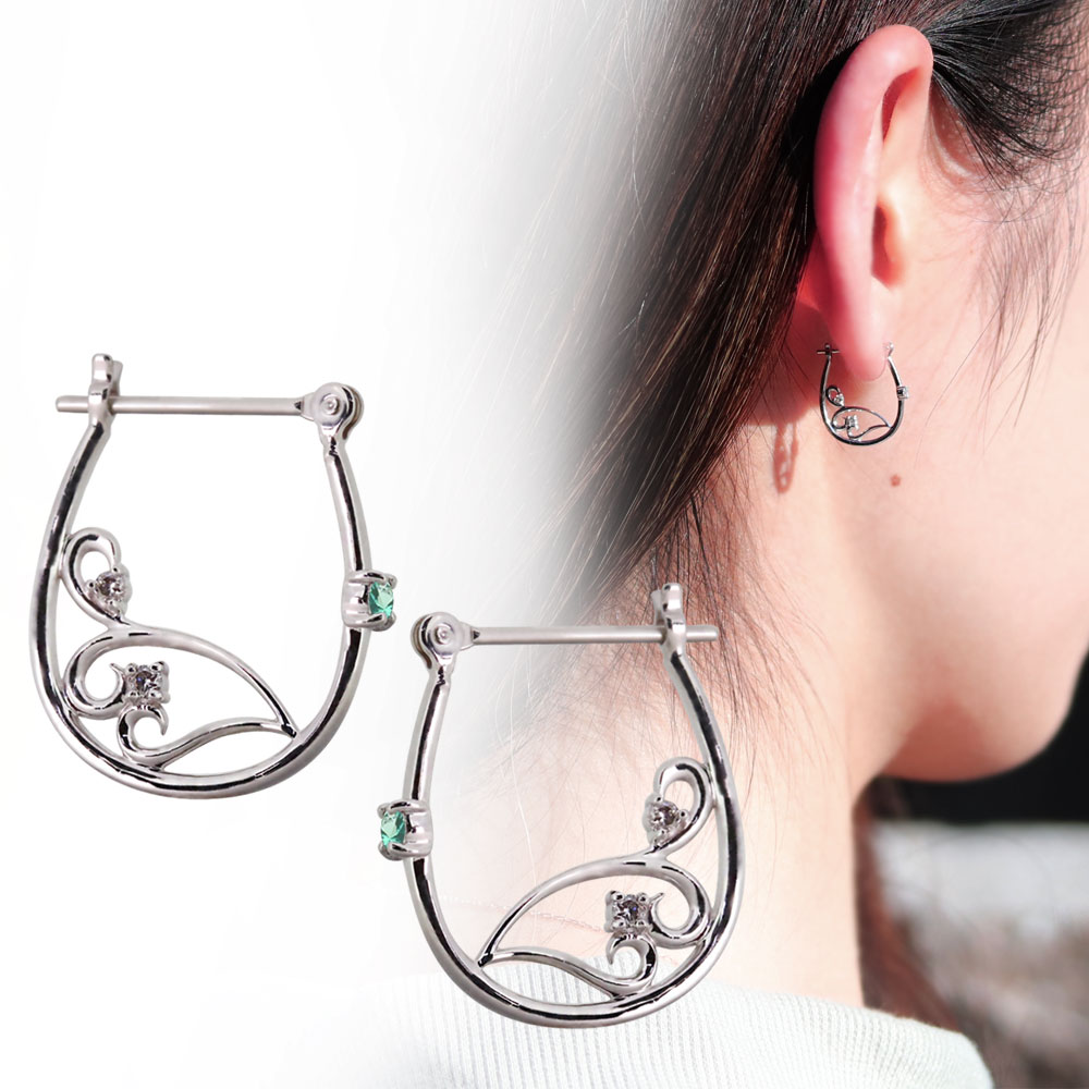 ピアス レディース フープピアス プラチナ エメラルド クロッシングピアス 唐草 ハート|PLEJOUR 誕生石ジュエリー専門店
