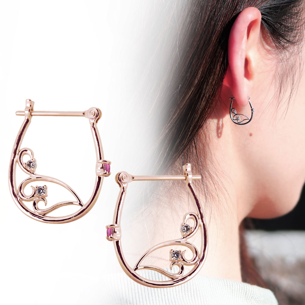 ピアス フープ レディース フープピアス 唐草 10k 誕生石 7月 ルビー クロッシングピアス|PLEJOUR 誕生石ジュエリー専門店