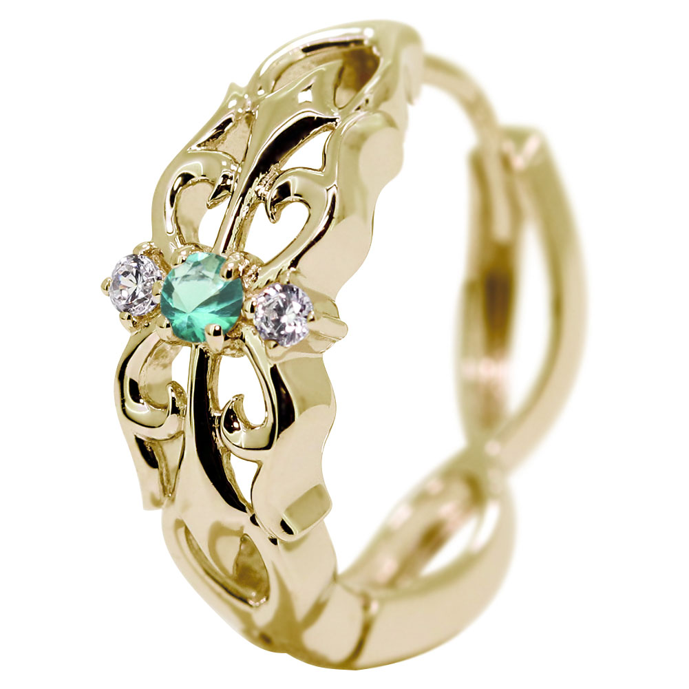 18金 フープピアス メンズ 片耳 クロス エメラルド ピアス 18k 十字架 透かし 中折れ式 5月誕生石