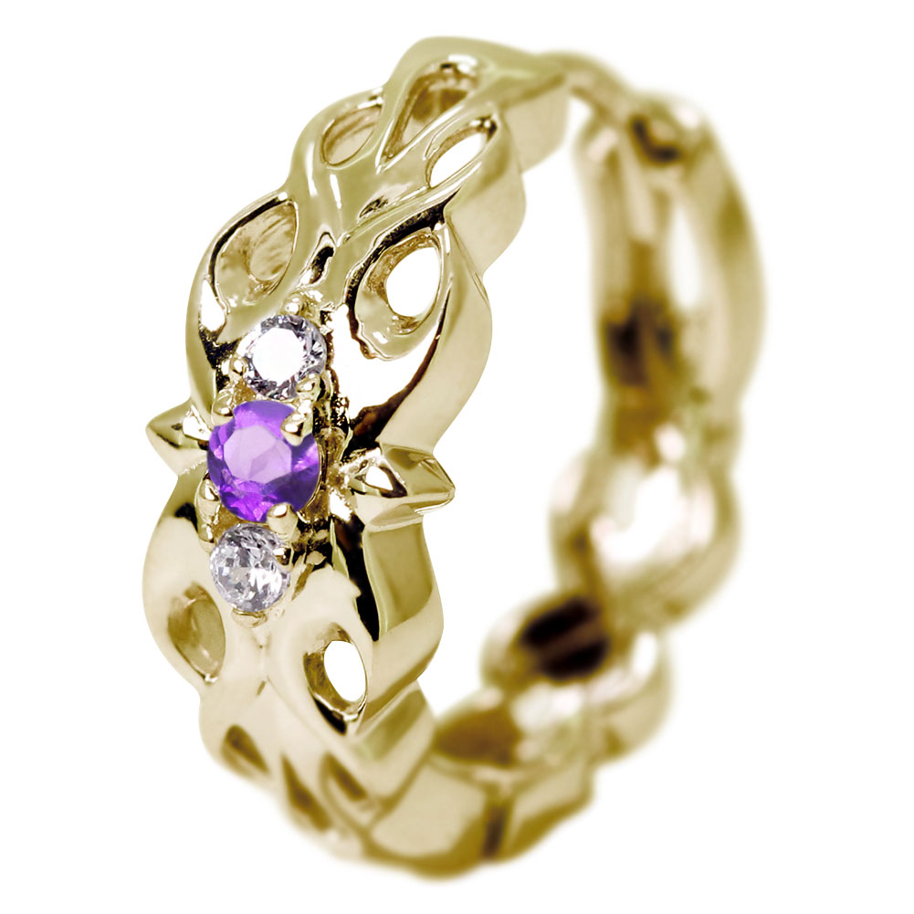 18金 フープピアス メンズ ゴールド 片耳 ピアス フープ 中折れ式 18k クロス トライバル 2月誕生石 アメジスト