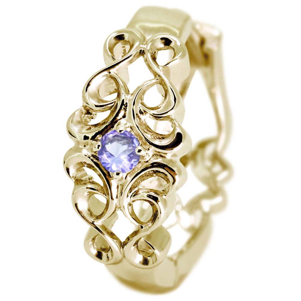 フープピアス 18k メンズ ピアス 18金 ゴールド 片耳 フープ 中折れ式 誕生石 12月 タンザナイト 透かし クロス 唐草 おしゃれ 男性