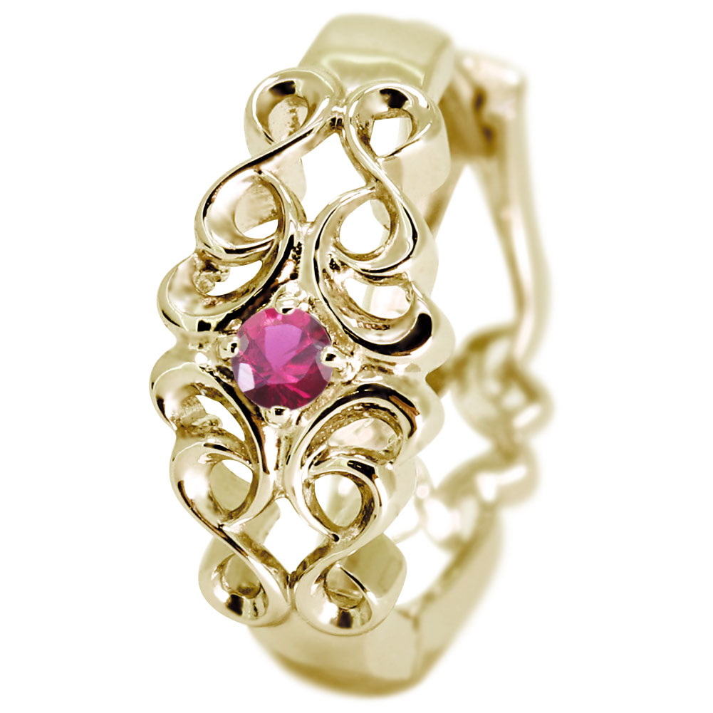 フープピアス 18k メンズ ピアス 18金 ゴールド 片耳 フープ 中折れ式 誕生石 7月 ルビー 透かし クロス 唐草 おしゃれ 男性