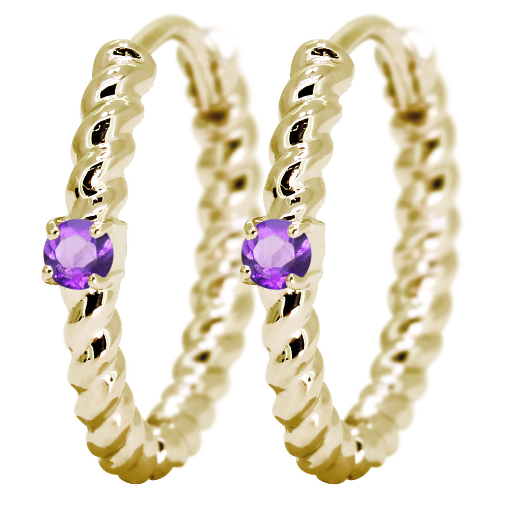 フープピアス 小さめ細い ゴールド 18k アメジスト ピアス レディース 18金 両耳用 キャッチレス 中折れ式 k18 フープ 小さめ ツイスト 縄 おしゃれ つけっぱなし レディースピアス